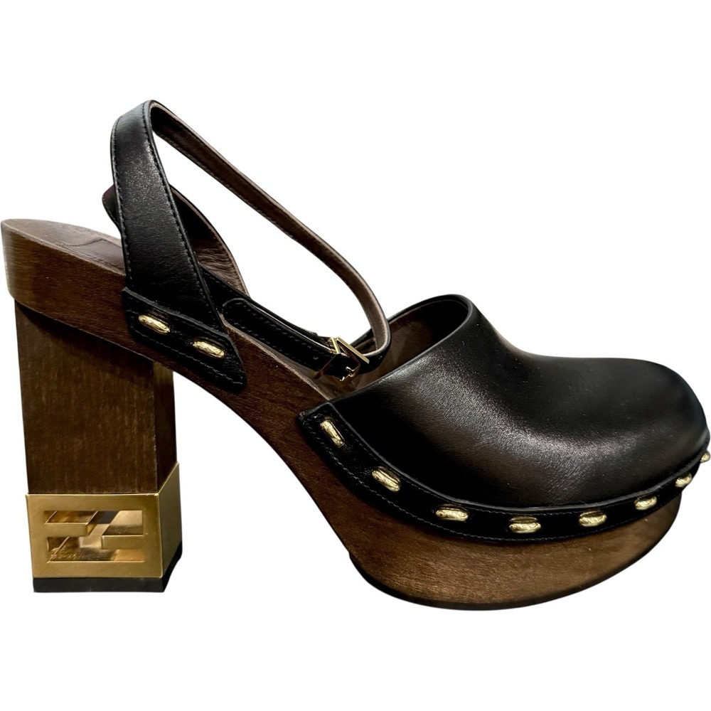 Fendi Black Leather Platform Slingback Heels with Gold Accent
